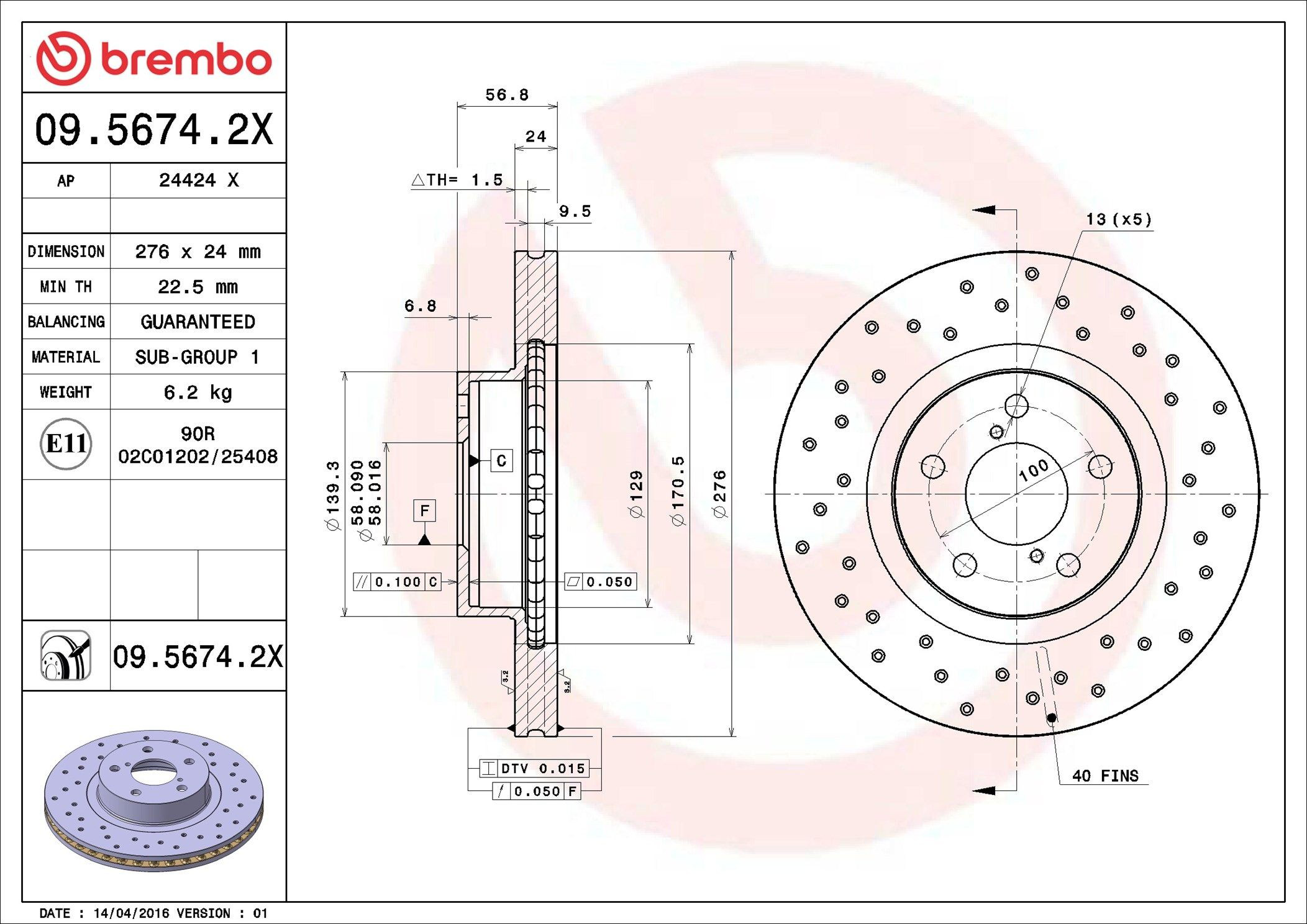 Disco do freio dianteiro Brembo 0956742X preço, a partir de 41,75 USD