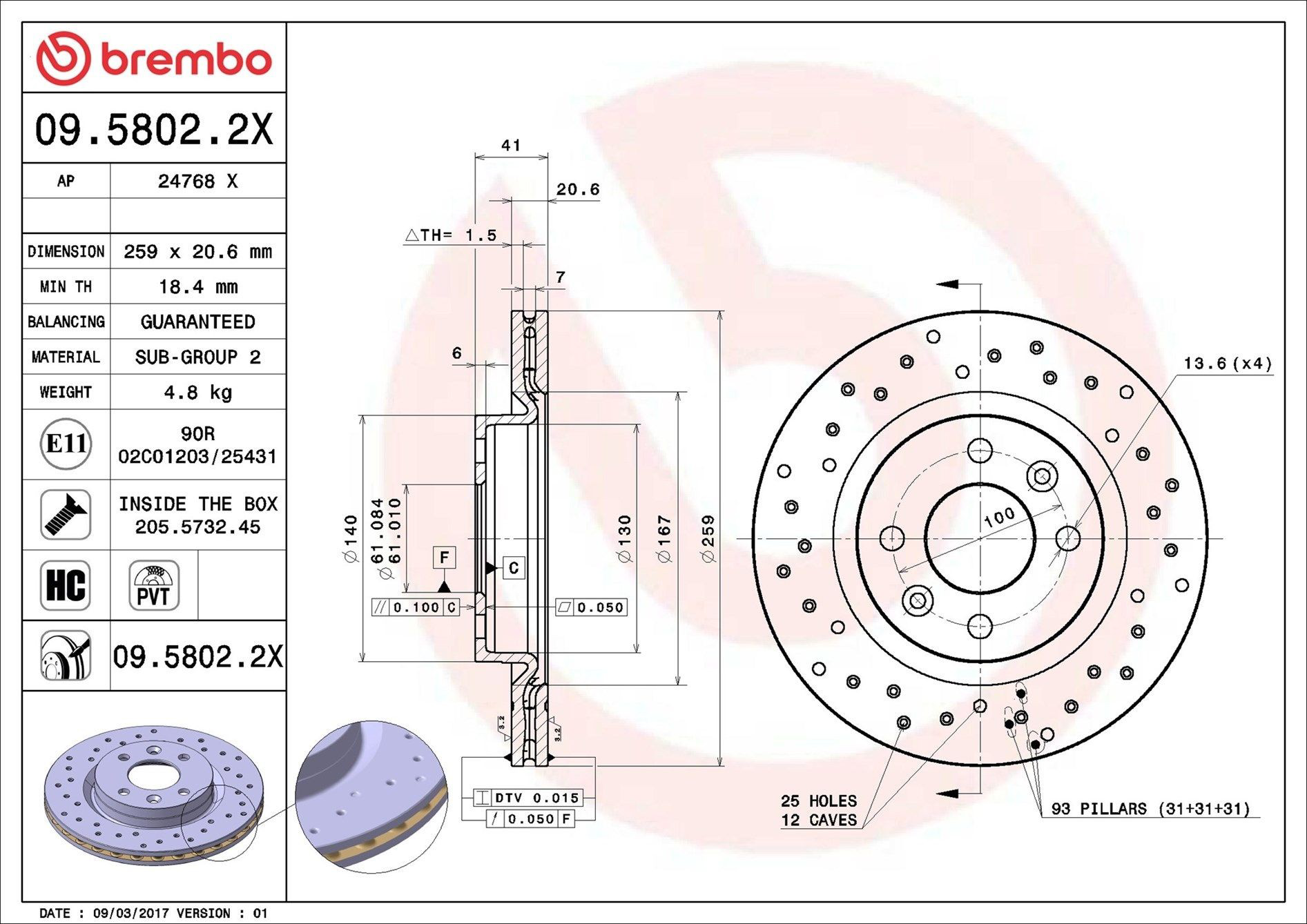 Disco do freio dianteiro Brembo 0958022X preço, a partir de 52,78 USD