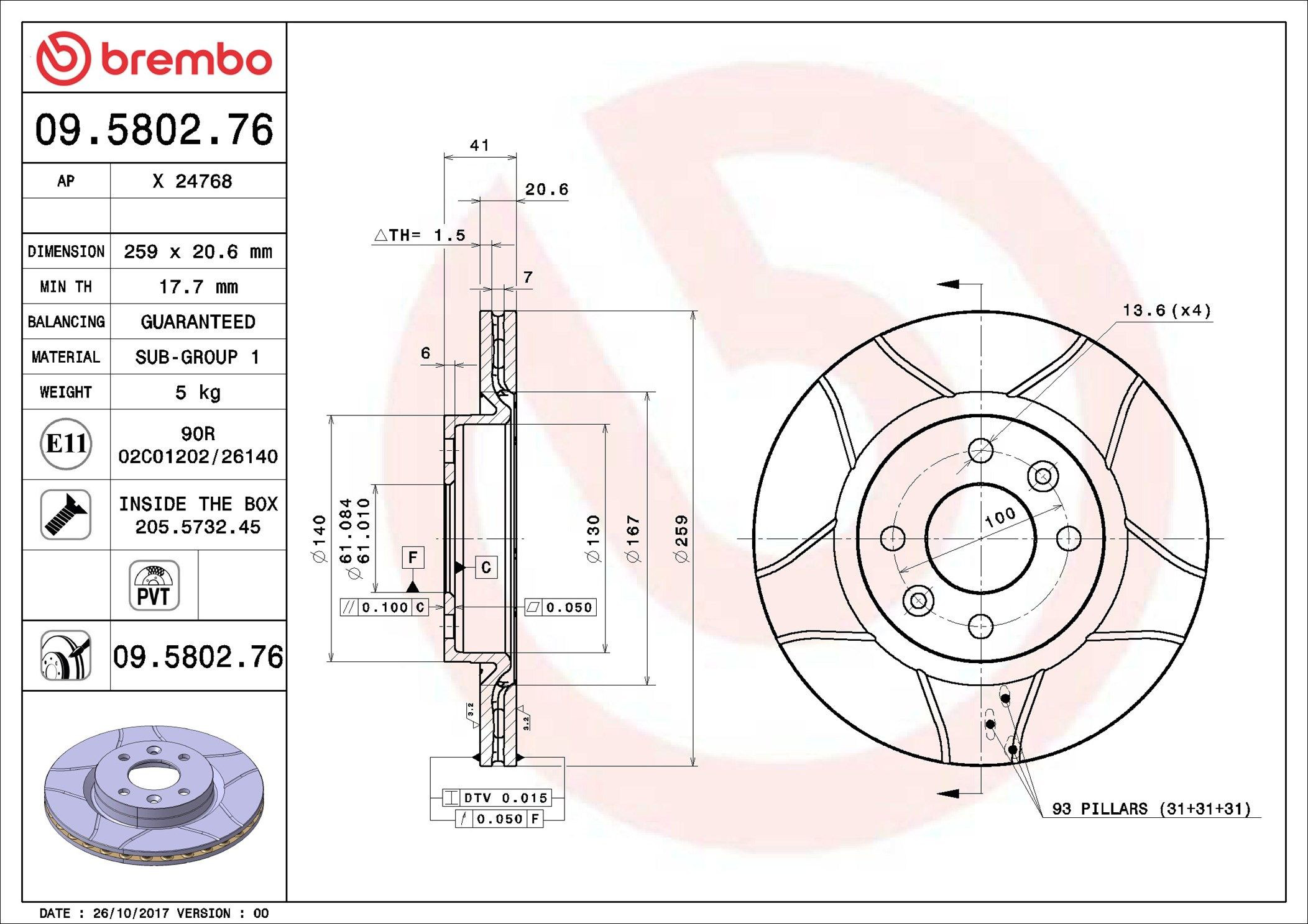 Disco do freio dianteiro Brembo 09580276