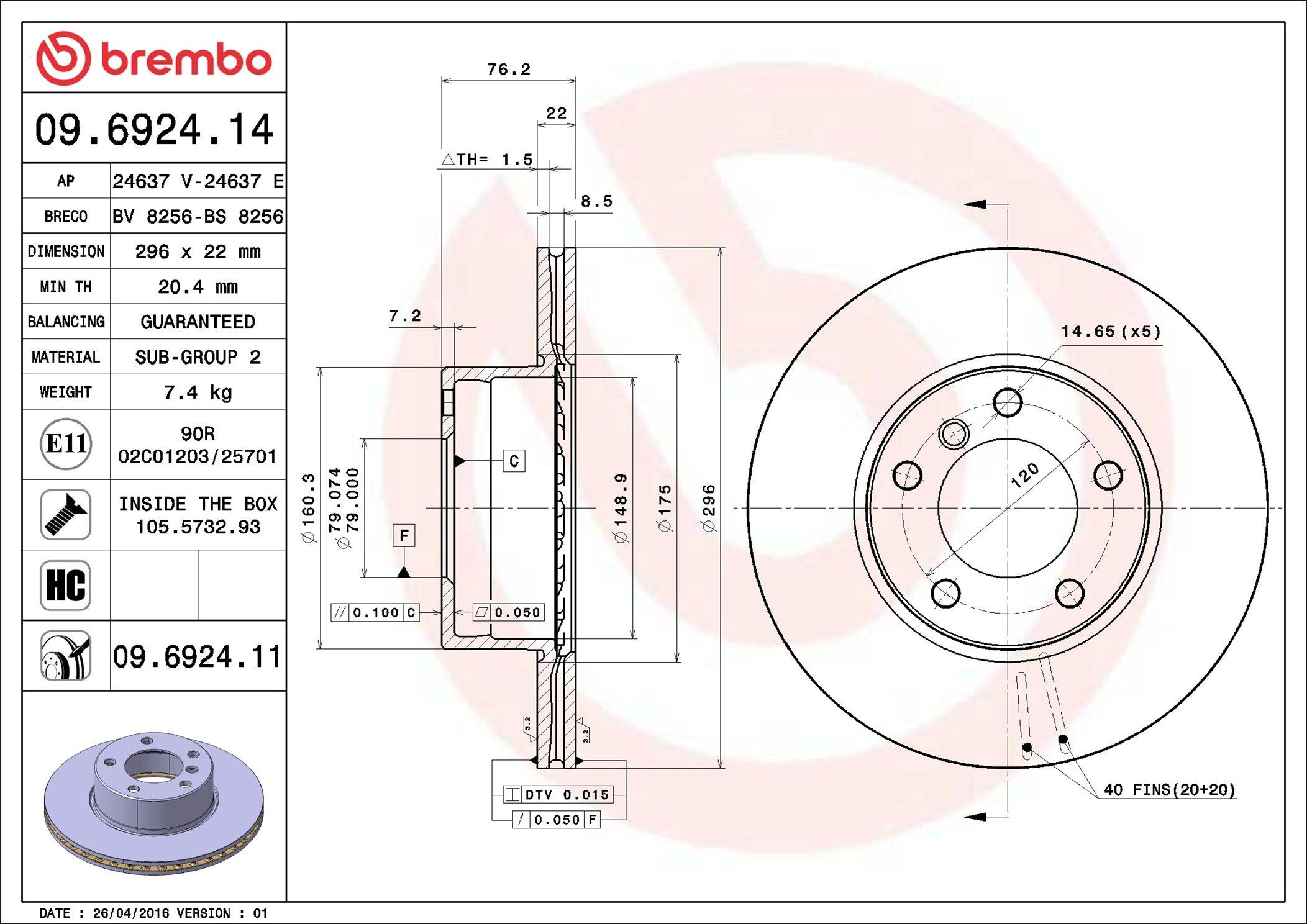 Disco do freio dianteiro Brembo 09692411 preço, a partir de 59,73 USD