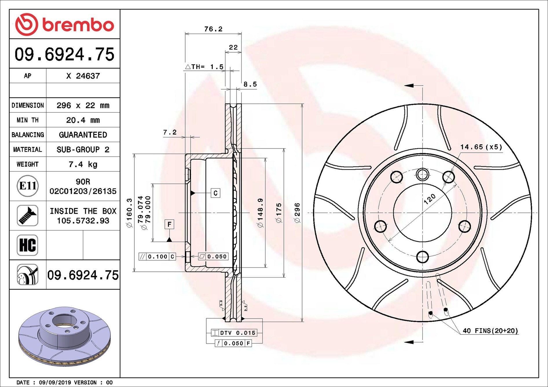 Disco do freio dianteiro Brembo 09692475