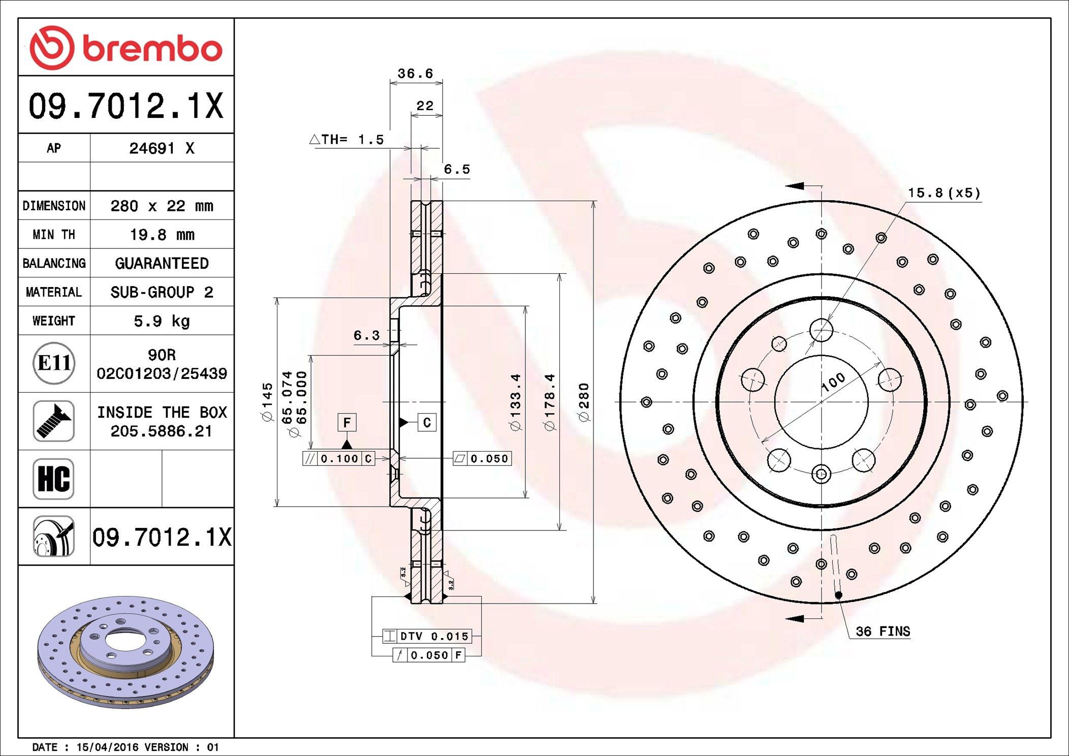 Disco do freio dianteiro Brembo 0970121X preço, a partir de 46,55 USD