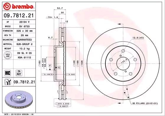 Disco do freio dianteiro 09781221 Brembo