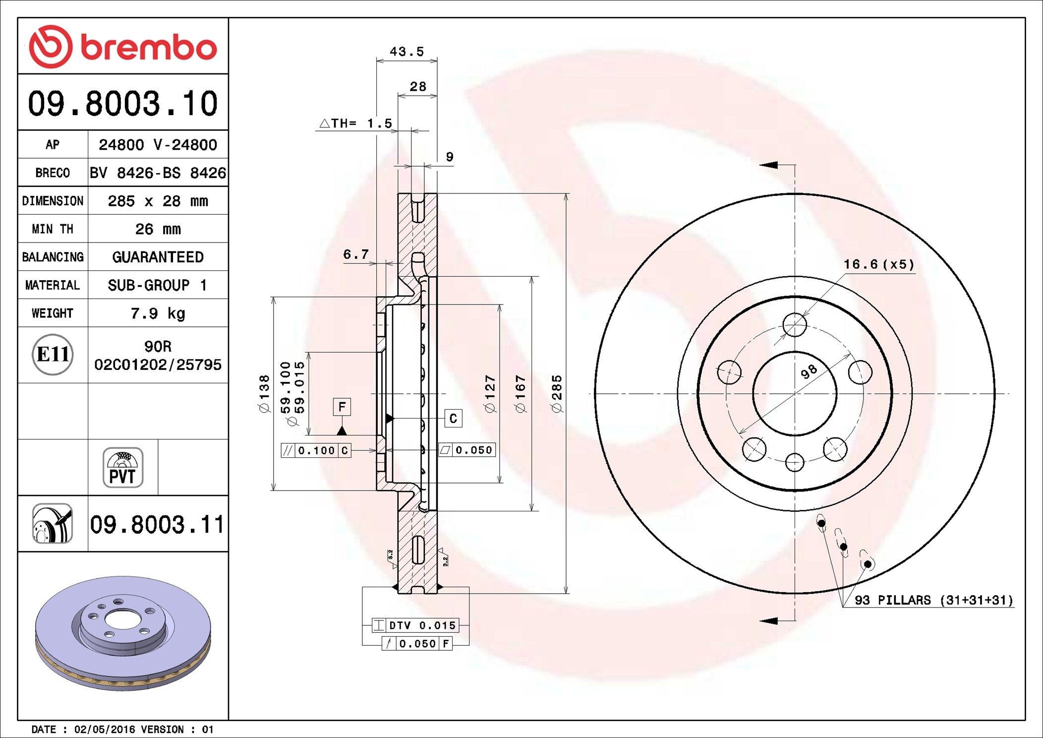 Disco do freio dianteiro 09800311 Brembo
