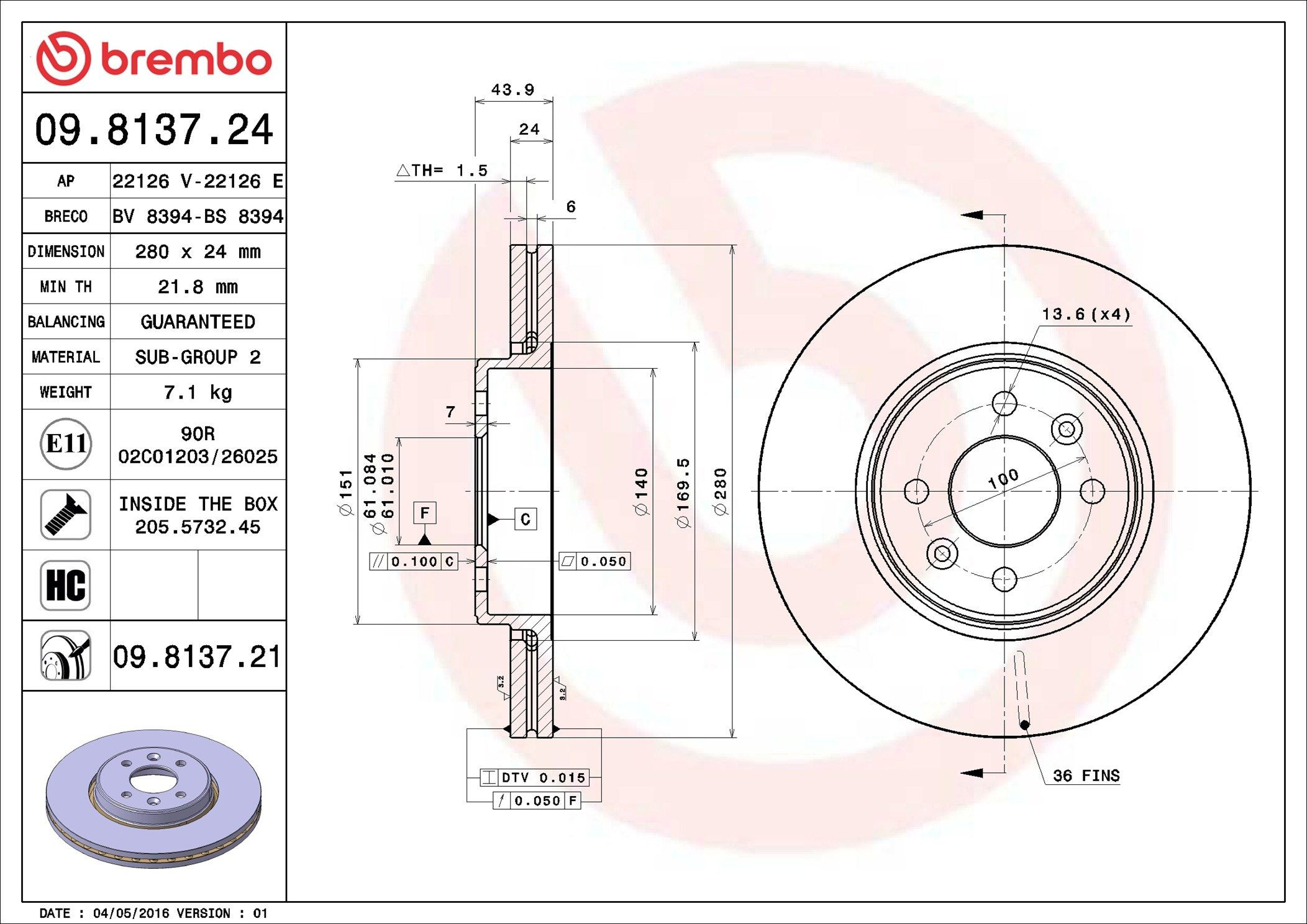 Disco do freio dianteiro Brembo 09813721 preço, a partir de 44,98 USD