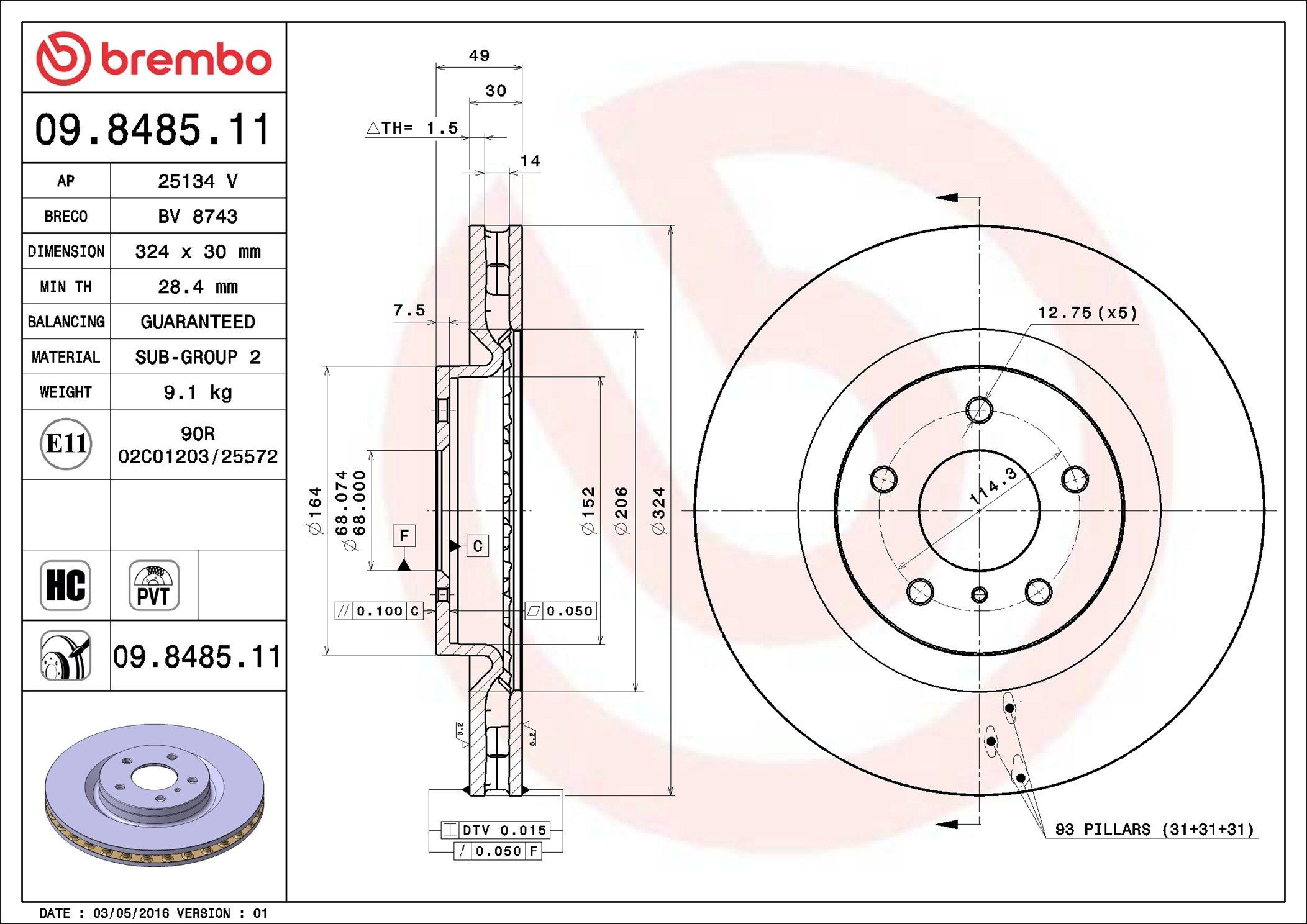Disco do freio dianteiro 09848511 Brembo