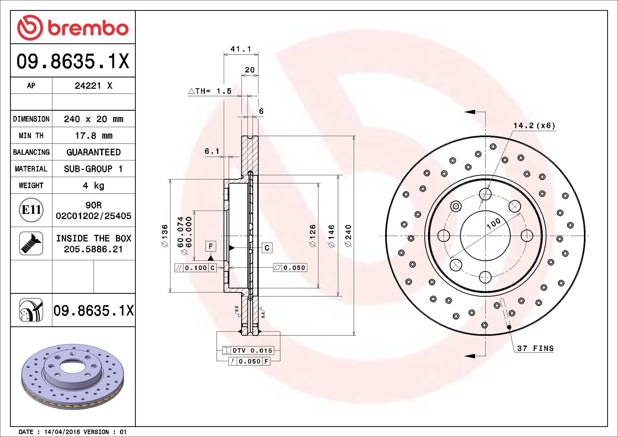 Disco do freio dianteiro 0986351X Brembo
