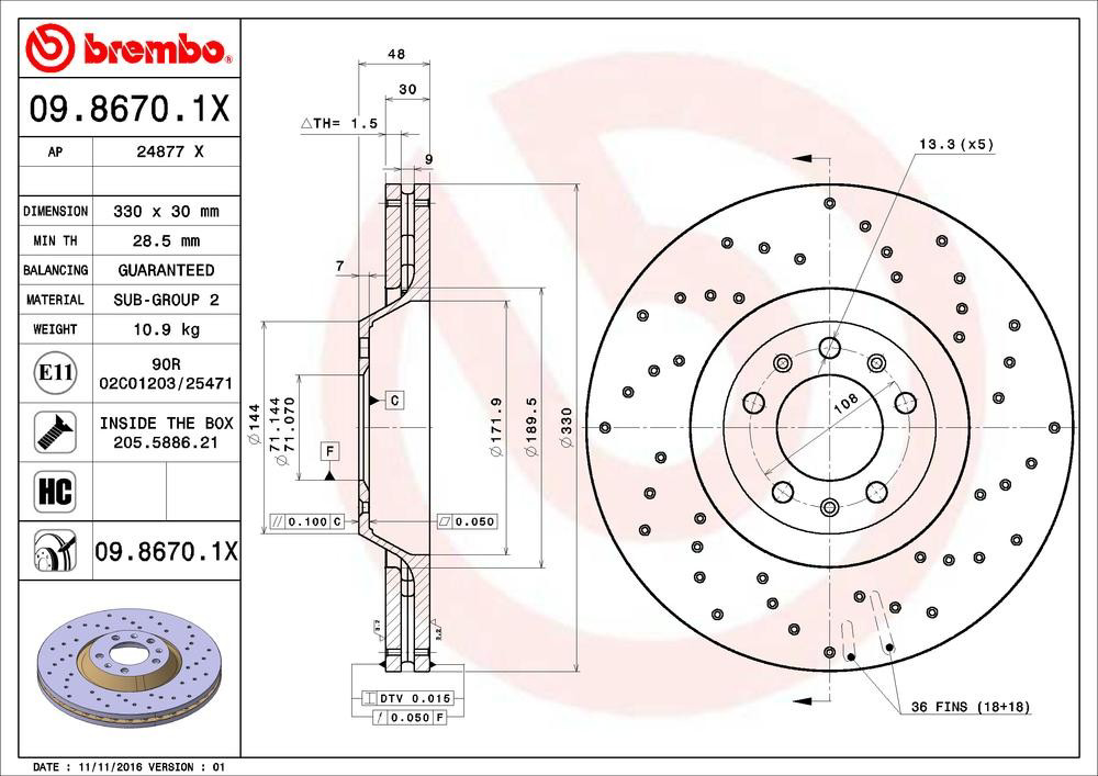Disco do freio dianteiro 0986701X Brembo