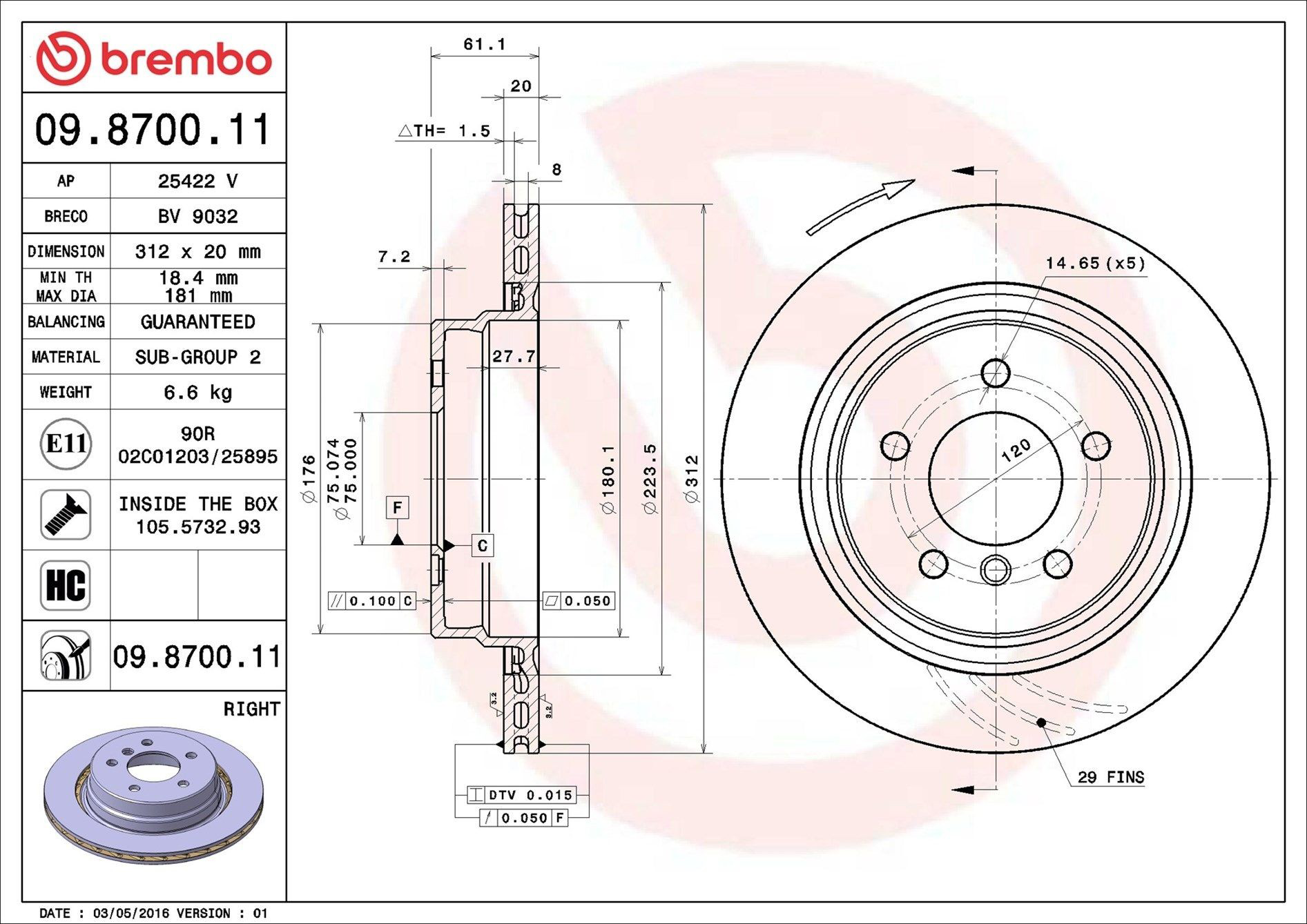 Disco do freio traseiro Brembo 09870011 preço, a partir de 56,30 USD