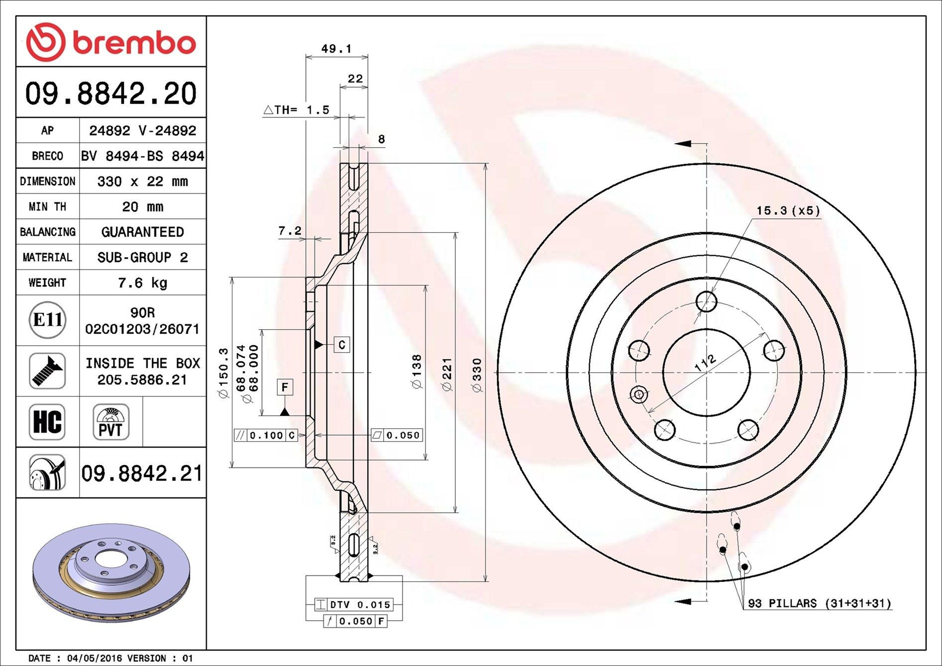 Disco do freio traseiro Brembo 09884221 preço, a partir de 60,66 USD