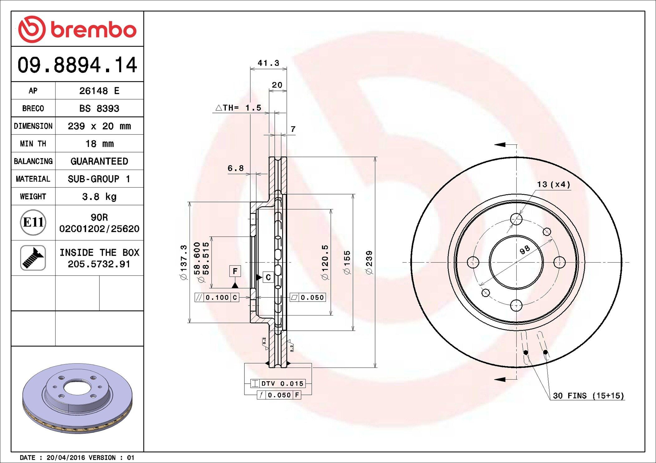 Disco do freio dianteiro Brembo 09889414 preço, a partir de 32,41 USD