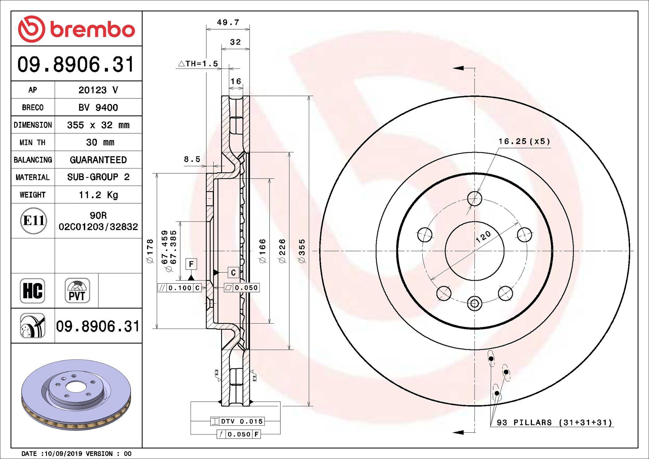 Disco do freio dianteiro 09890631 Brembo