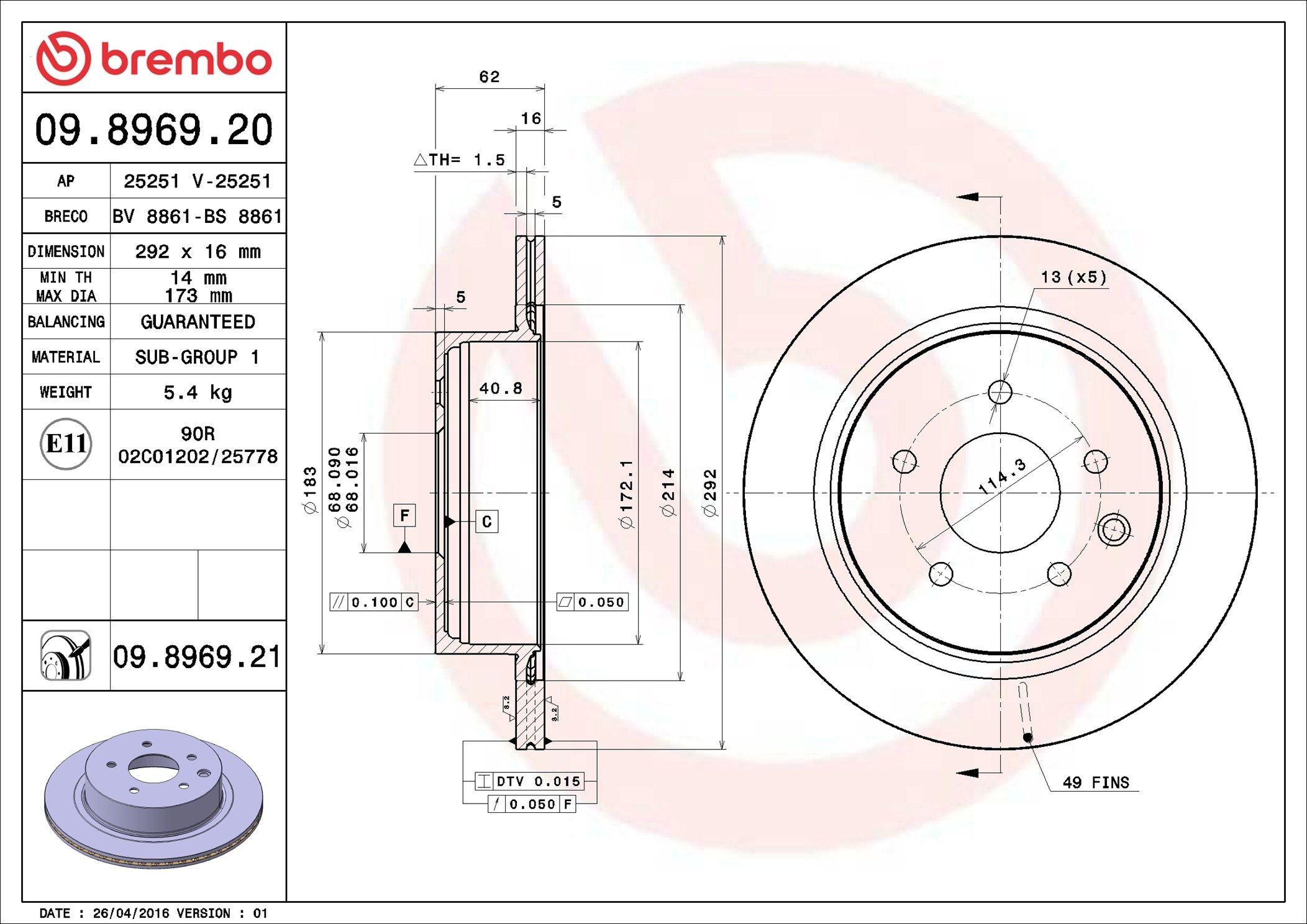 Disco do freio traseiro Brembo 09896921