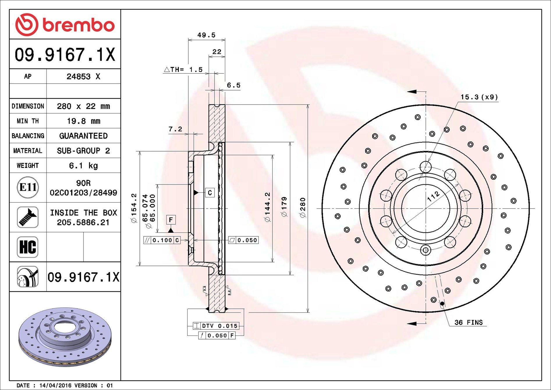 Disco do freio dianteiro Brembo 0991671X preço, a partir de 49,60 USD