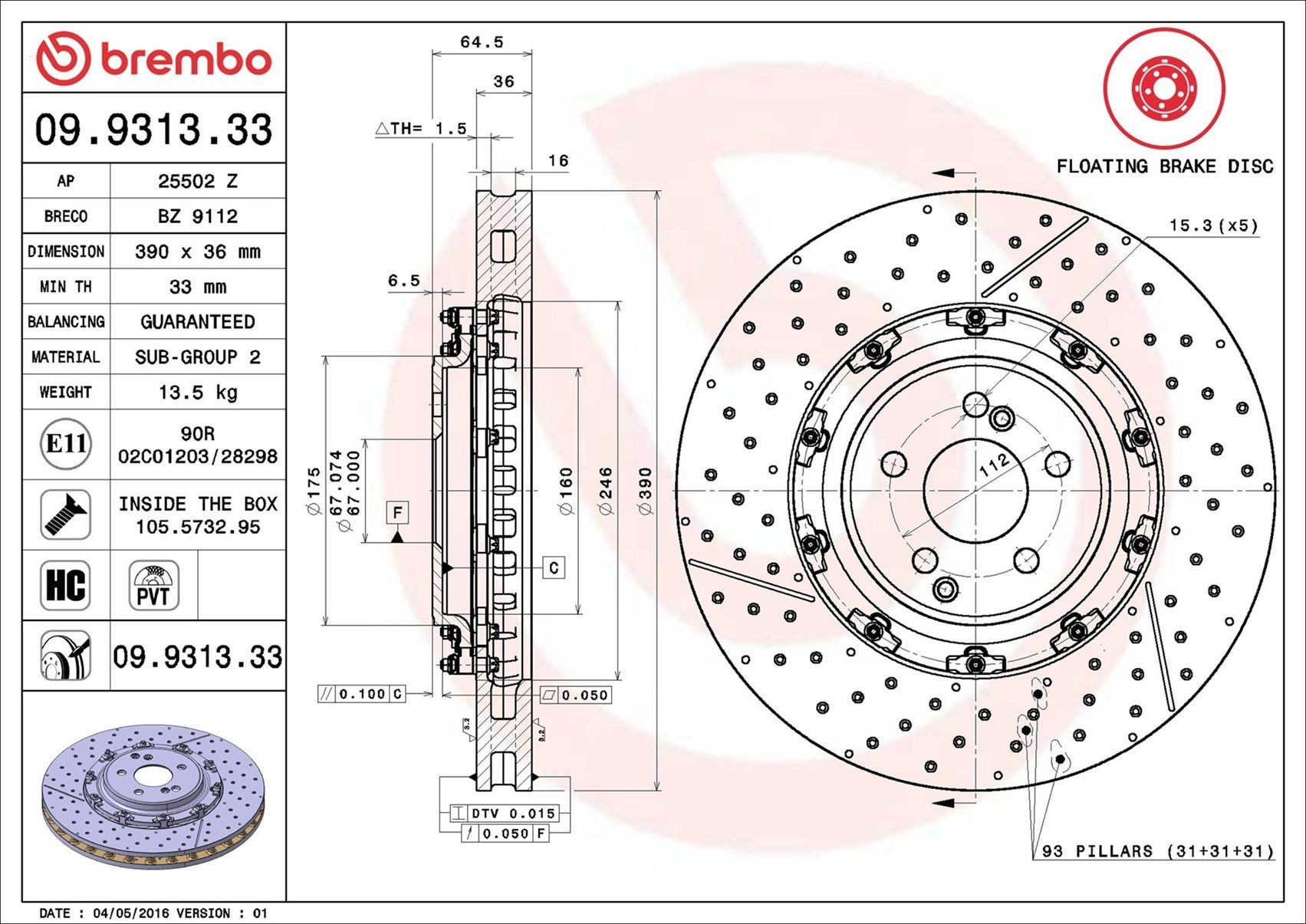 Disco do freio dianteiro 09931333 Brembo