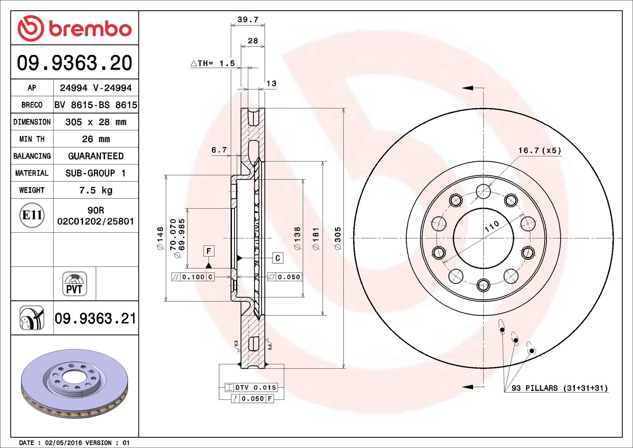 Disco do freio dianteiro Brembo 09936321 preço, a partir de 62,99 USD