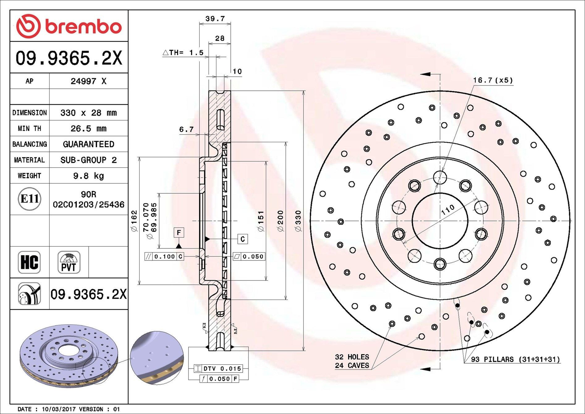 Disco do freio dianteiro Brembo 0993652X preço, a partir de 105,03 USD