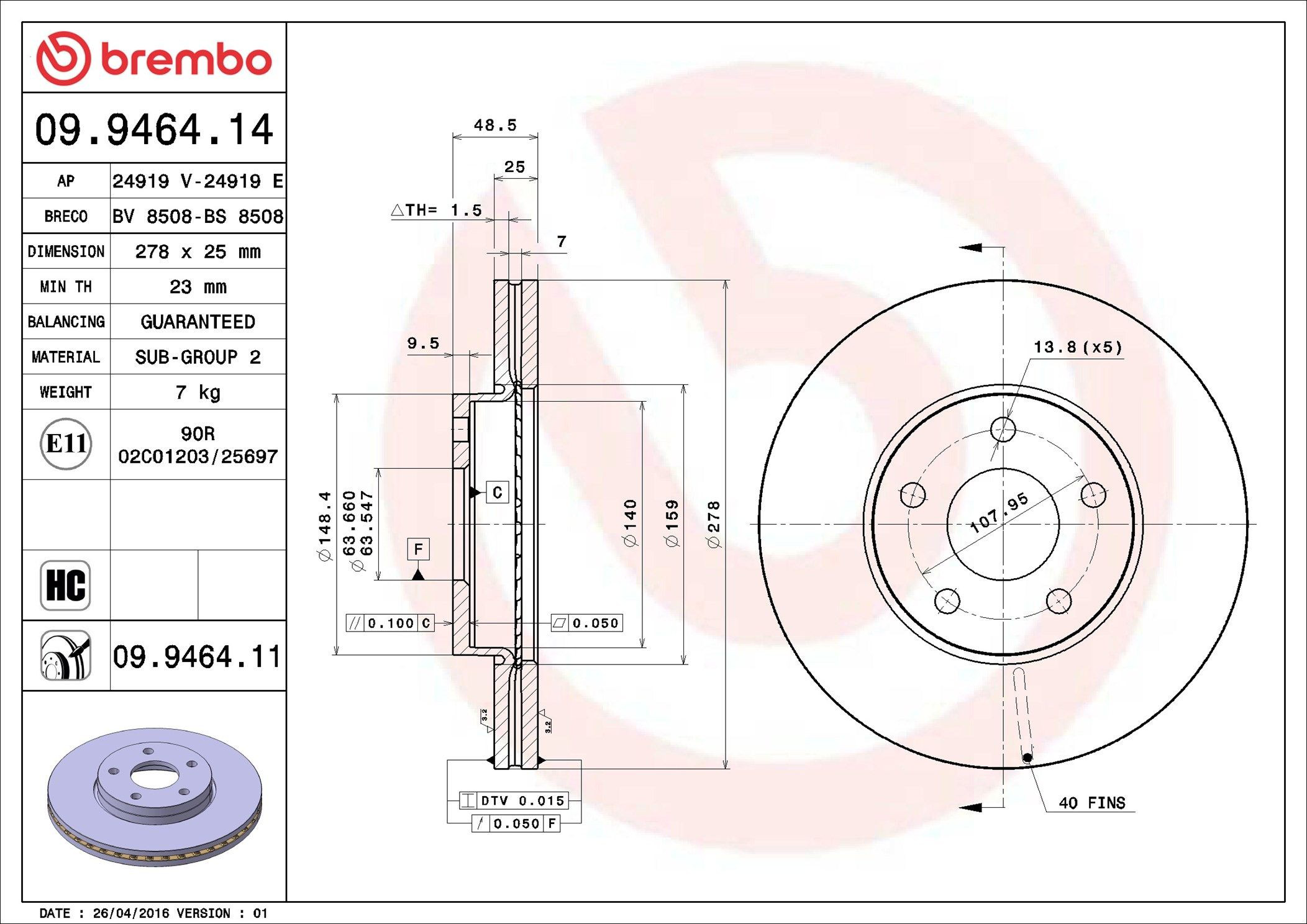 Disco do freio dianteiro Brembo 09946414 preço, a partir de 47,67 USD