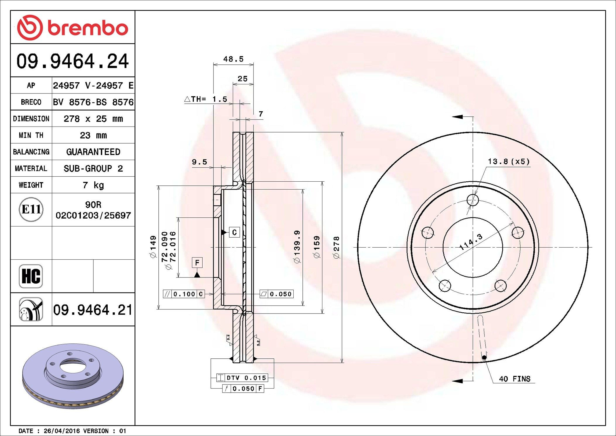 Disco do freio dianteiro Brembo 09946421 preço, a partir de 41,19 USD