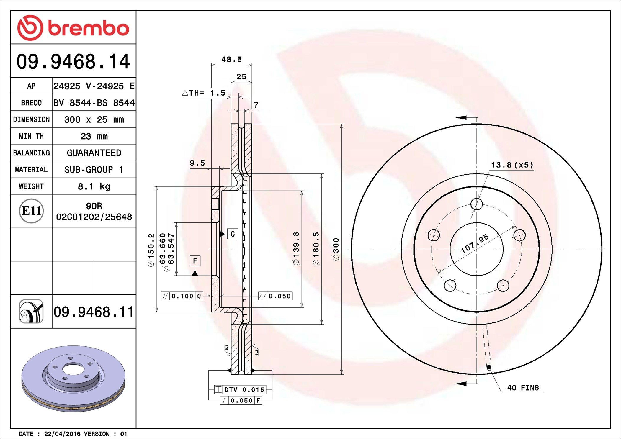 Disco do freio dianteiro 09946811 Brembo