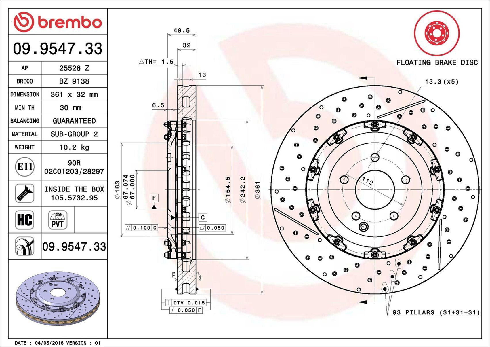 Disco do freio dianteiro Brembo 09954733 preço, a partir de 636,13 USD