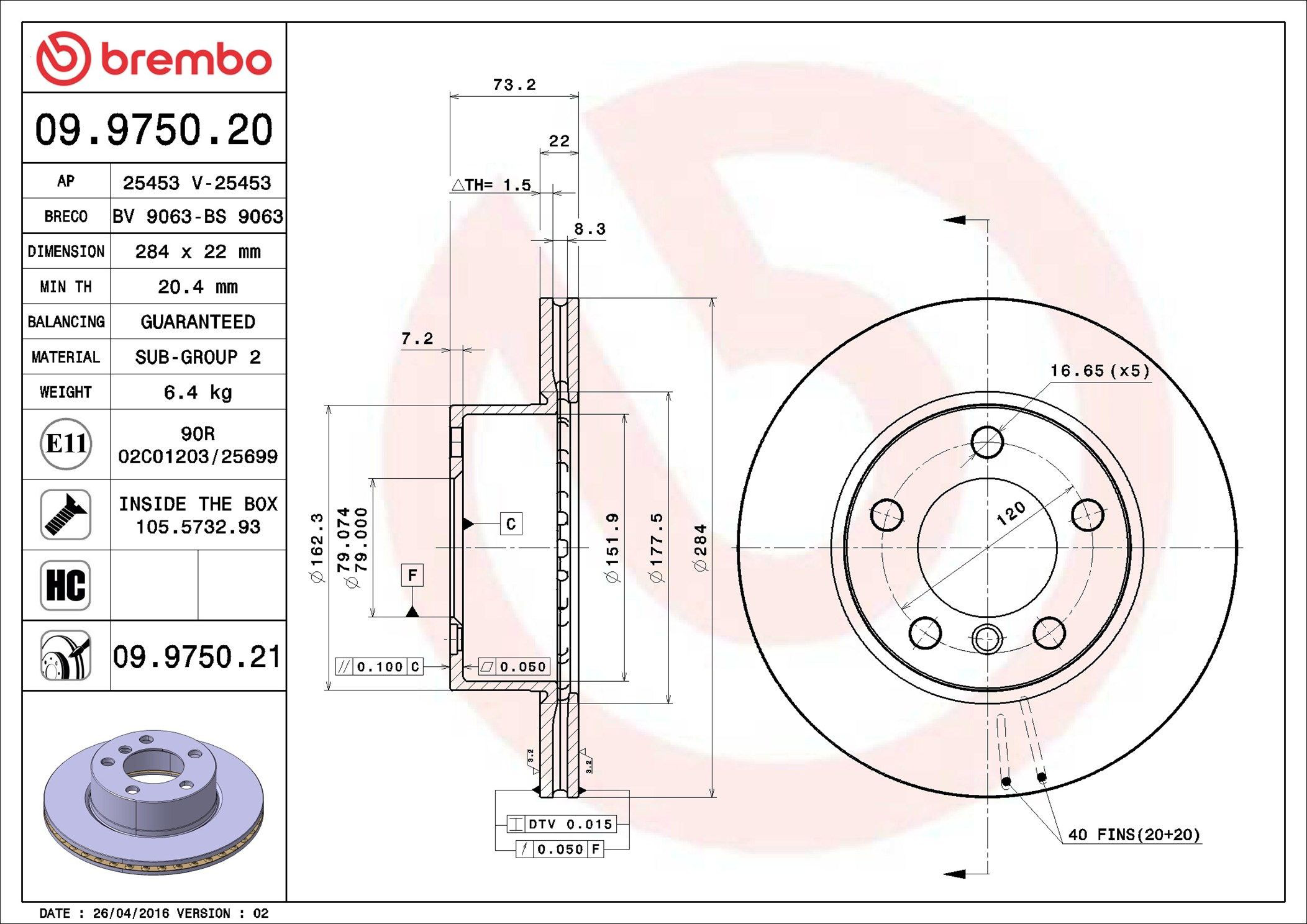 Disco do freio dianteiro Brembo 09975021 preço, a partir de 48,77 USD