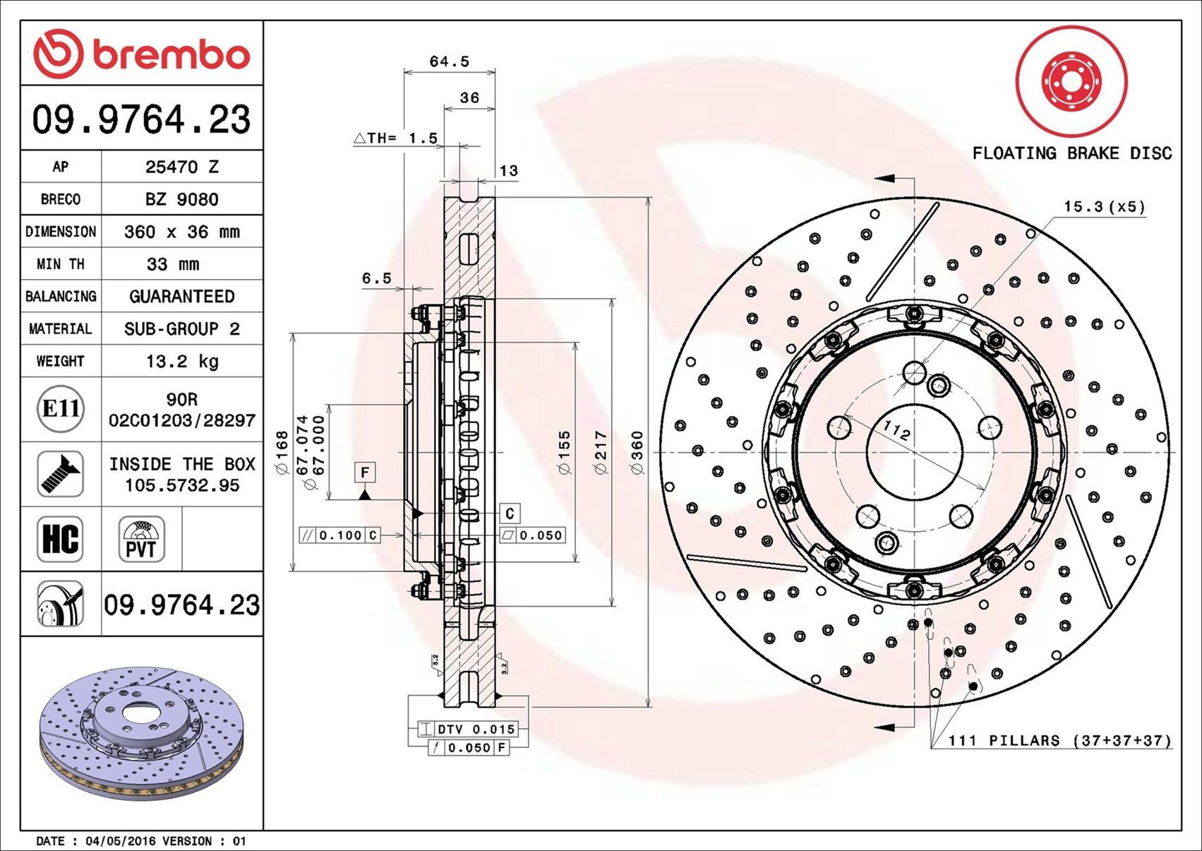 Disco do freio dianteiro Brembo 09976423 preço, a partir de 461,13 USD