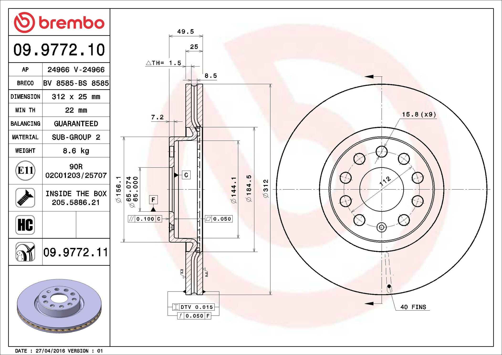 Disco do freio dianteiro Brembo 09977211 preço, a partir de 47,75 USD