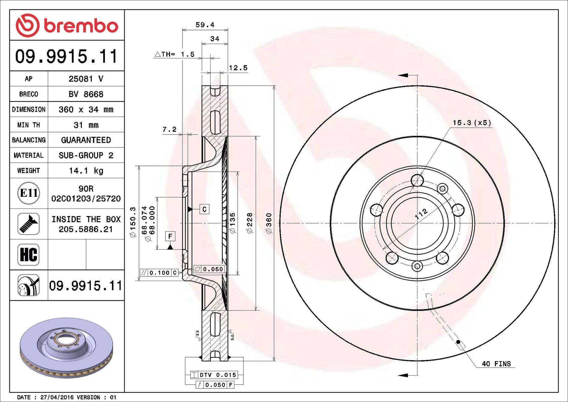 Disco do freio dianteiro Brembo 09991511 preço, a partir de 94,76 USD