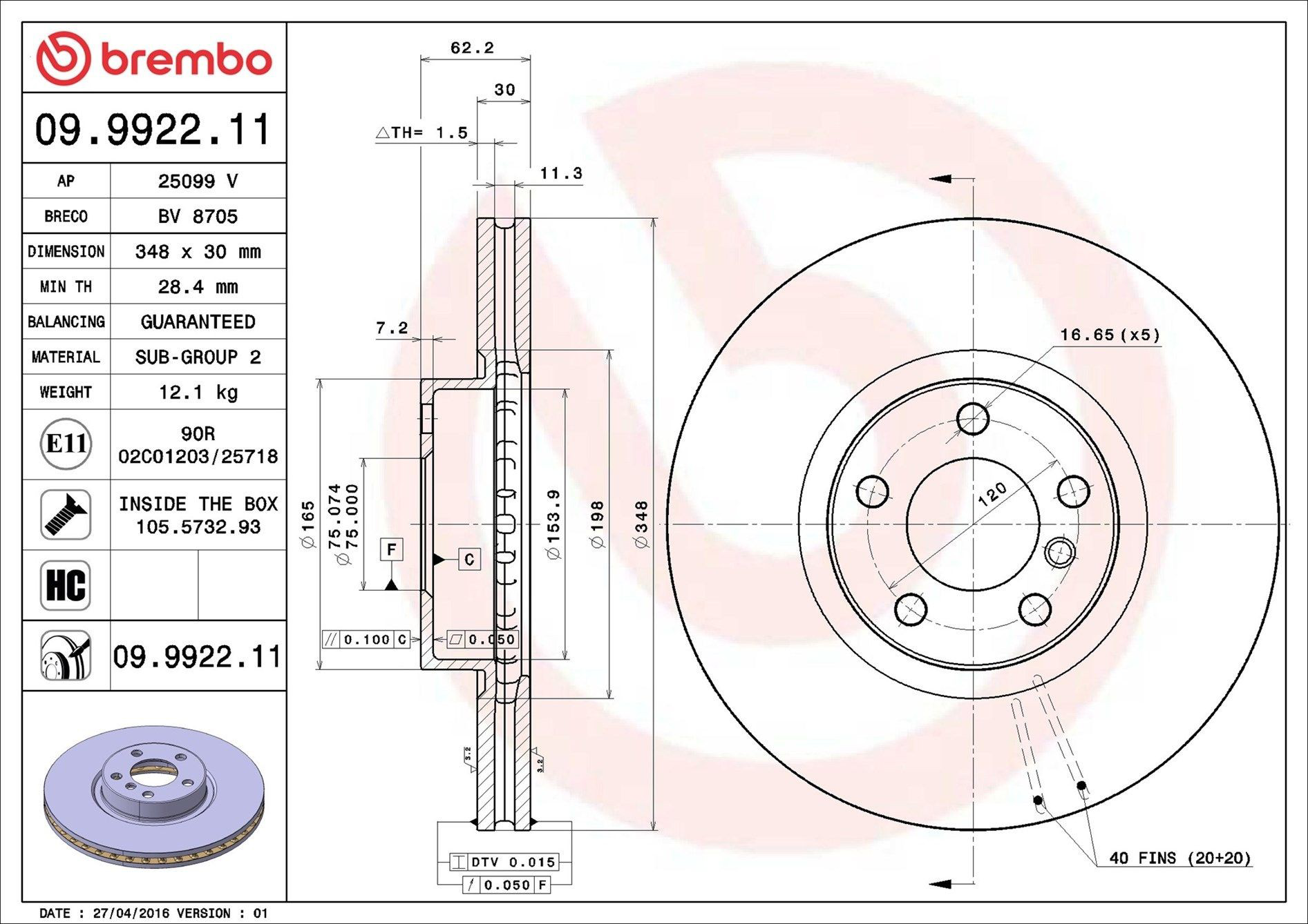 Disco do freio dianteiro Brembo 09992211 preço, a partir de 73,64 USD