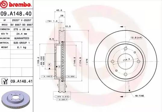 Disco do freio dianteiro 09A14841 Brembo