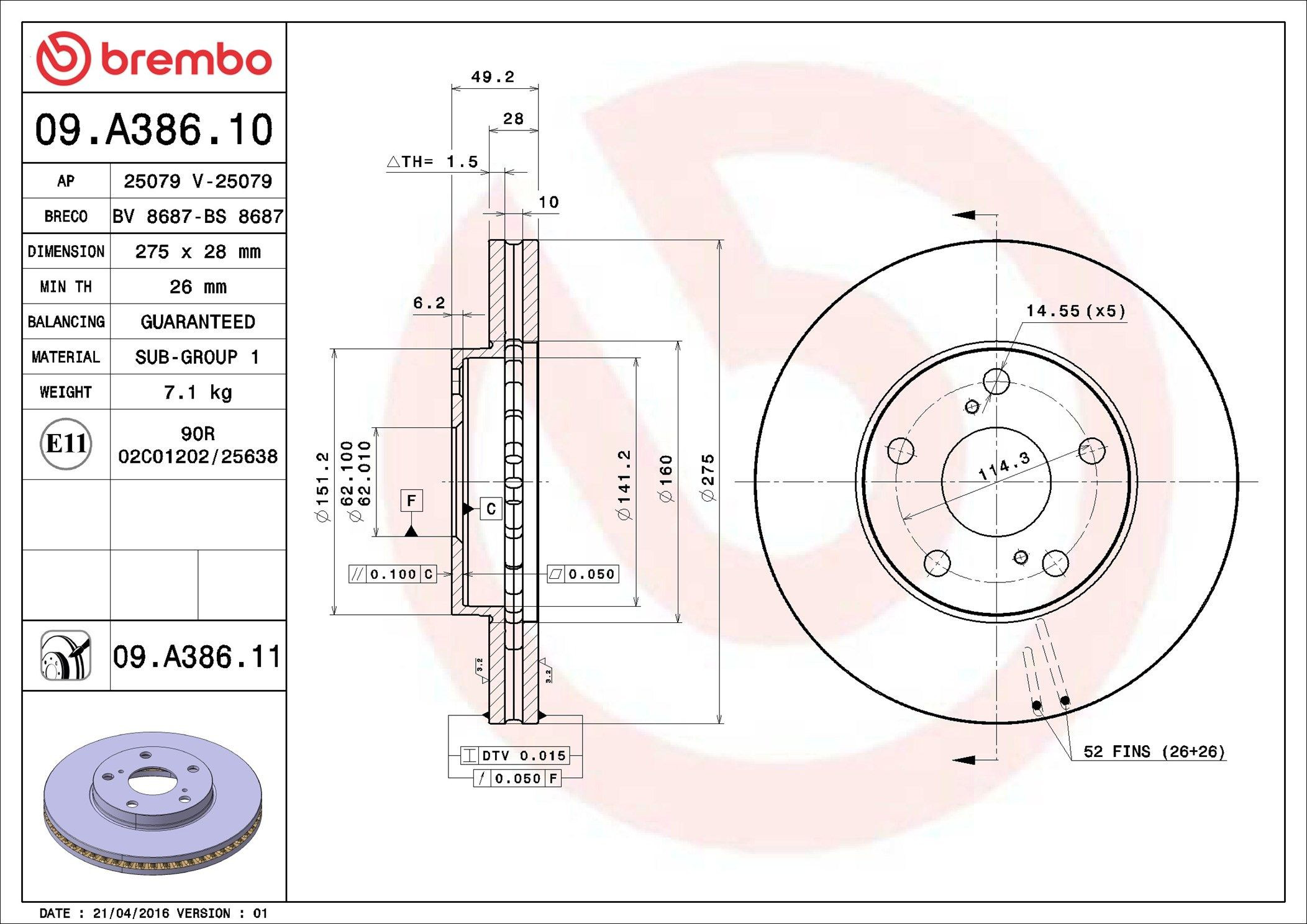 Disco do freio dianteiro Brembo 09A38611 preço, a partir de 64,24 USD
