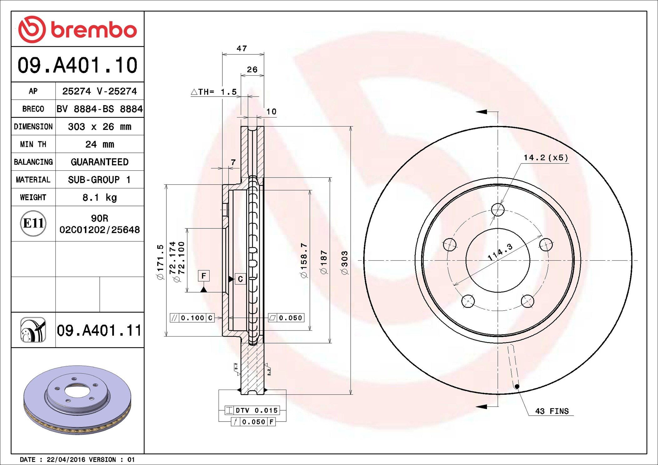 Disco do freio dianteiro Brembo 09A40111 preço, a partir de 74,76 USD