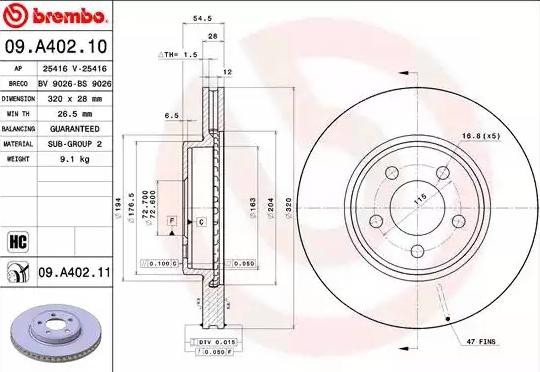 Disco do freio dianteiro Brembo 09A40211 preço, a partir de 90,36 USD