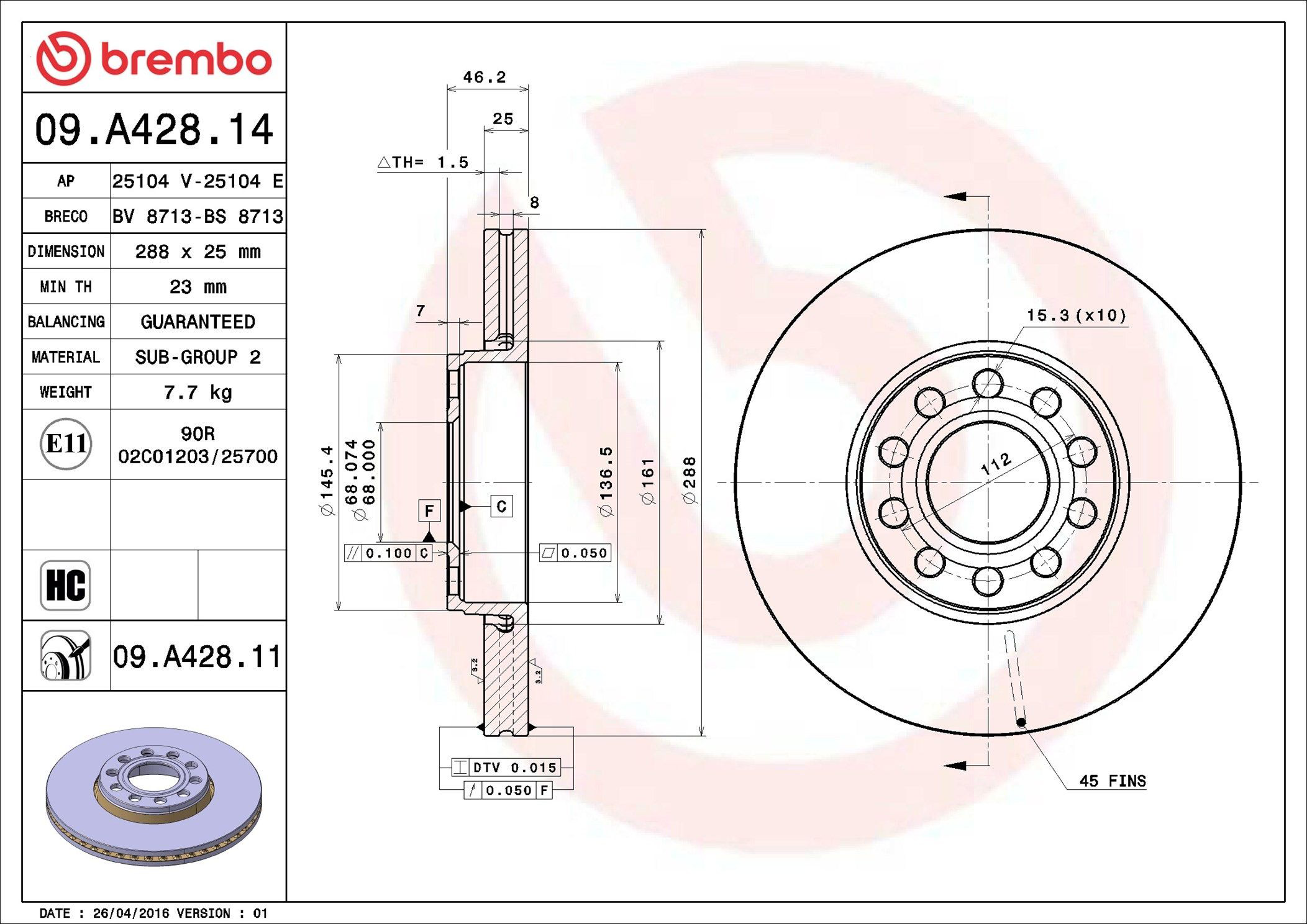 Disco do freio dianteiro Brembo 09A42811 preço, a partir de 40,09 USD