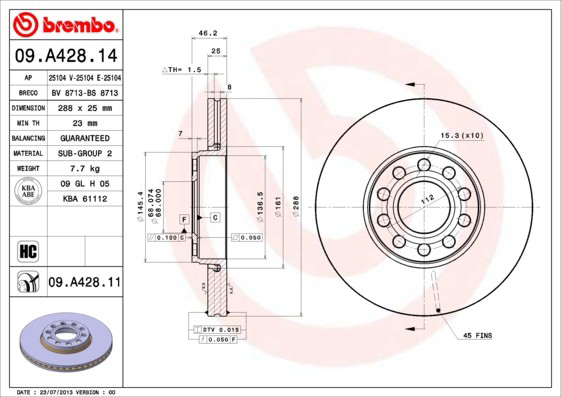 Disco do freio dianteiro 09A42811 Brembo