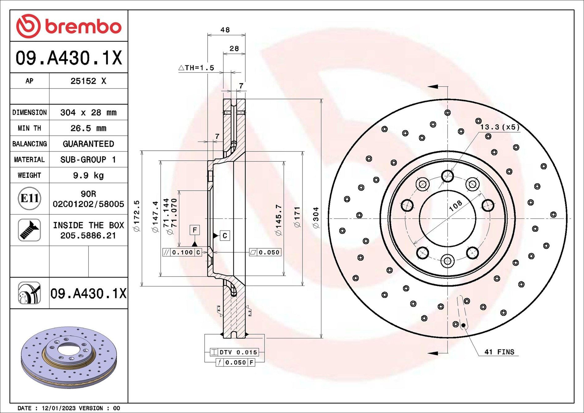 09A4301X Brembo Disco do freio dianteiro