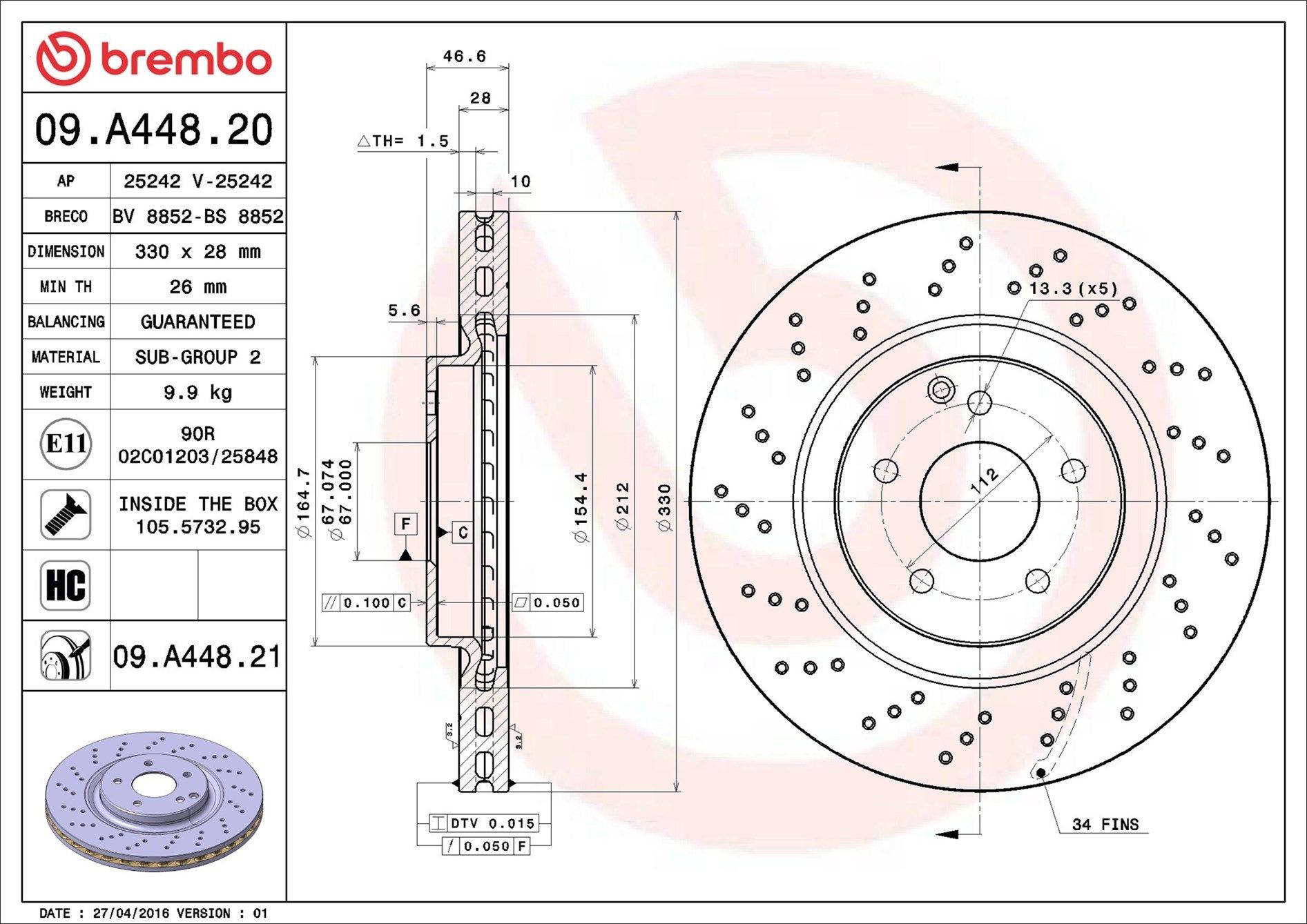 Disco do freio dianteiro Brembo 09A44821 preço, a partir de 97,19 USD