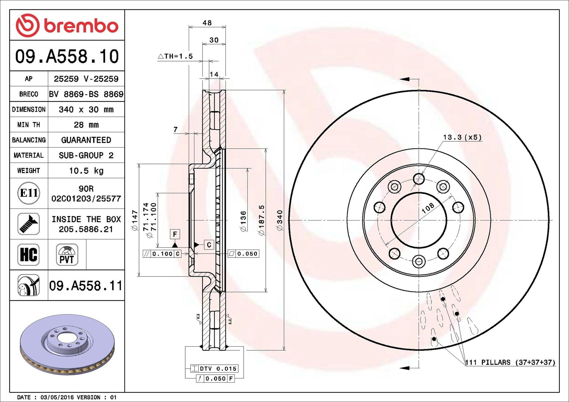 Disco do freio dianteiro Brembo 09A55811 preço, a partir de 73,44 USD