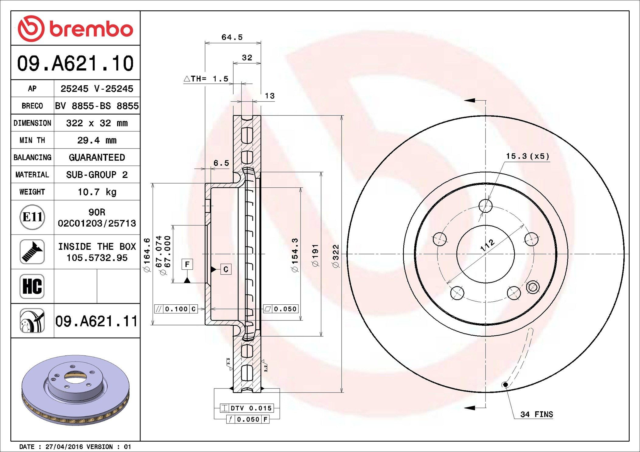 Disco do freio dianteiro Brembo 09A62111 preço, a partir de 65,55 USD