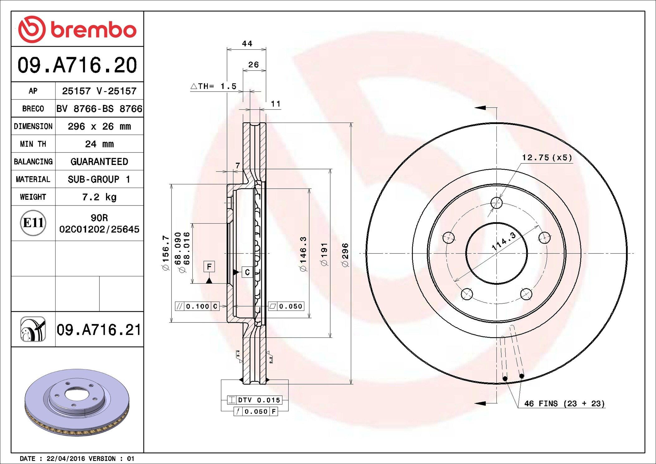 Disco do freio dianteiro Brembo 09A71620 preço, a partir de 50,26 USD