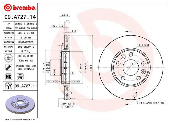 Disco do freio dianteiro 09A72714 Brembo