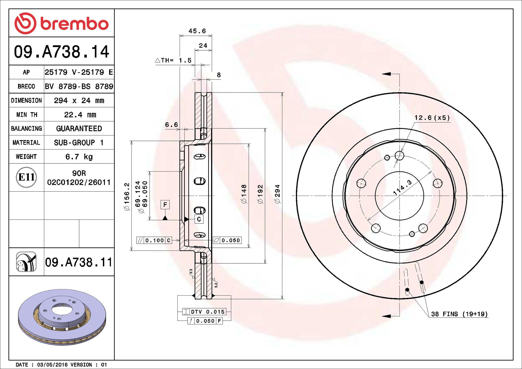 Disco do freio dianteiro 09A73814 Brembo