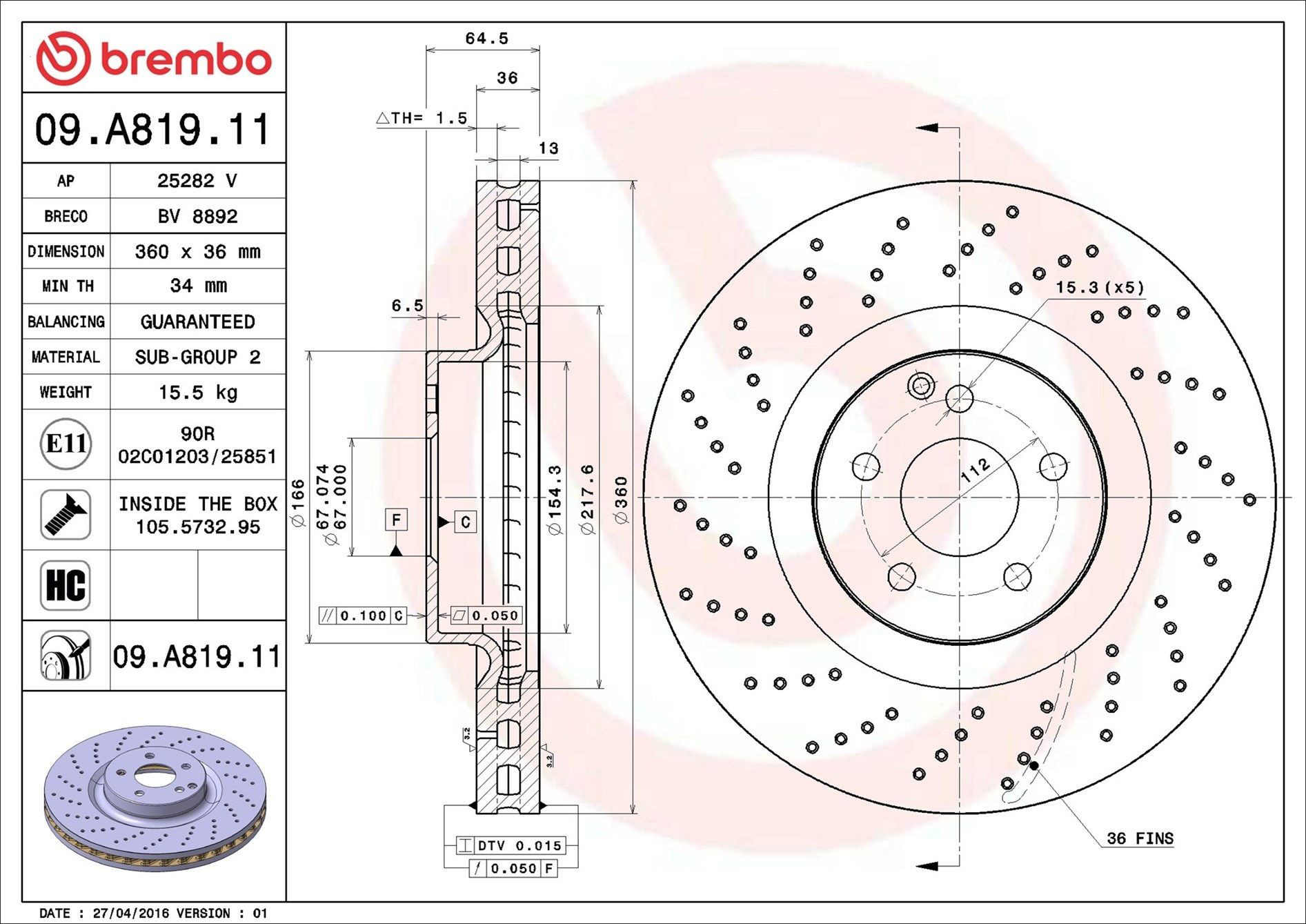 Disco do freio dianteiro Brembo 09A81911 preço, a partir de 136,36 USD