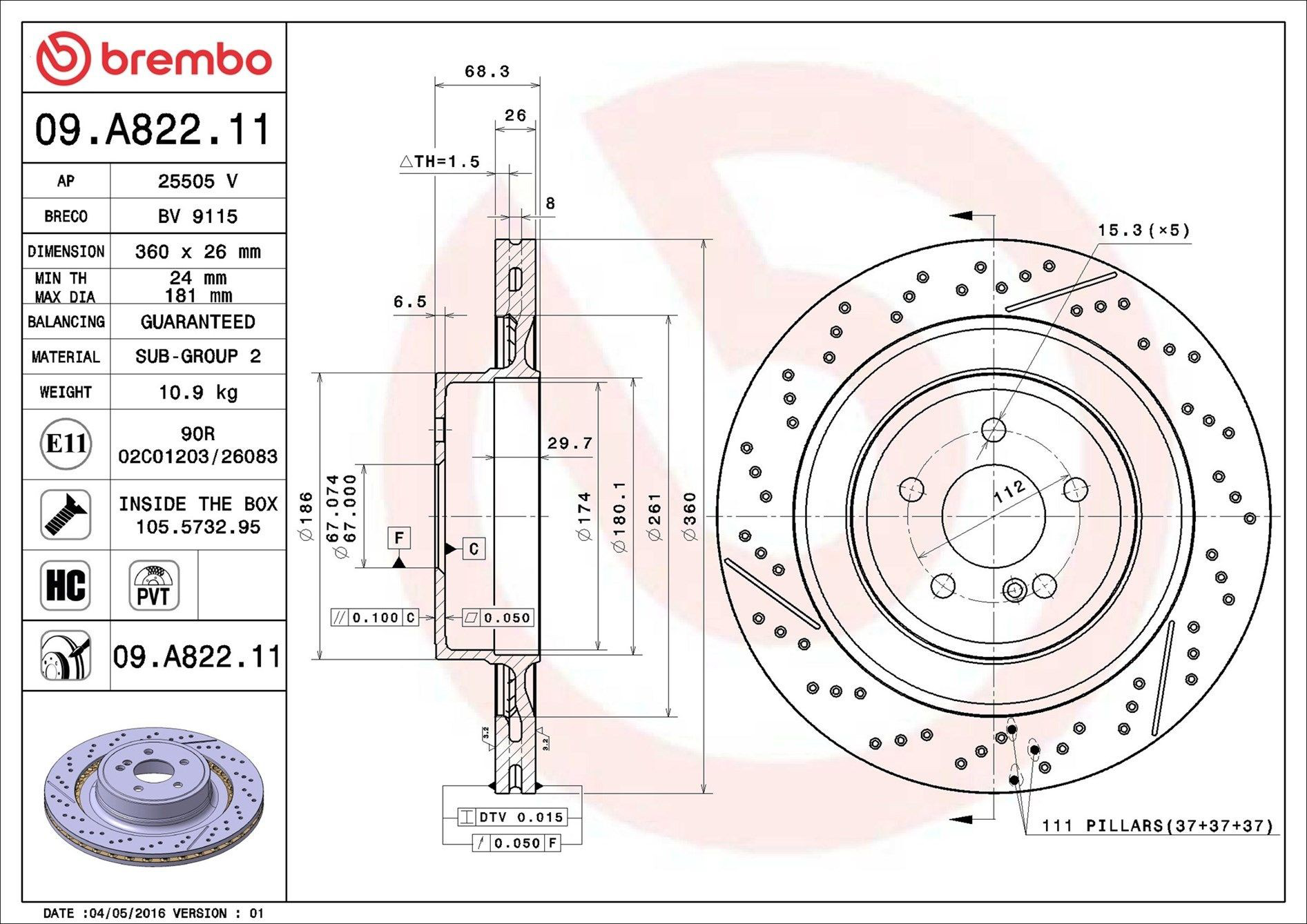Disco do freio traseiro 09A82211 Brembo