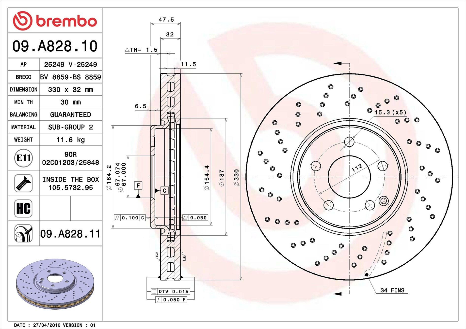 Disco do freio dianteiro Brembo 09A82811 preço, a partir de 118,12 USD