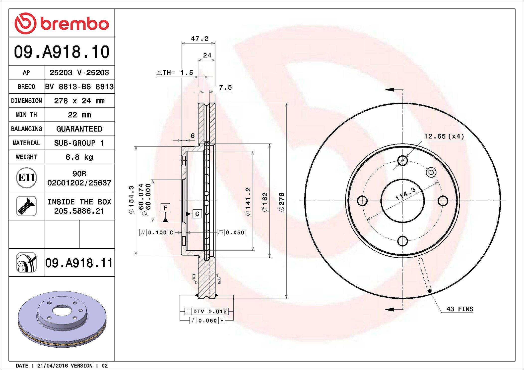 Disco do freio dianteiro Brembo 09A91811 preço, a partir de 50,69 USD