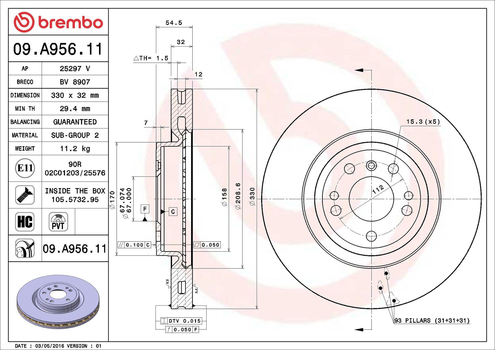 Disco do freio dianteiro 09A95611 Brembo
