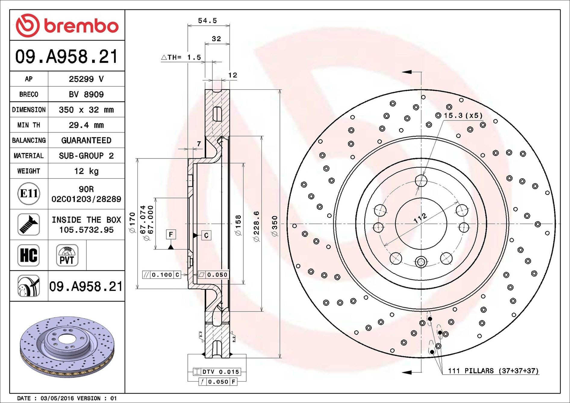 Disco do freio dianteiro Brembo 09A95821 preço, a partir de 133,01 USD