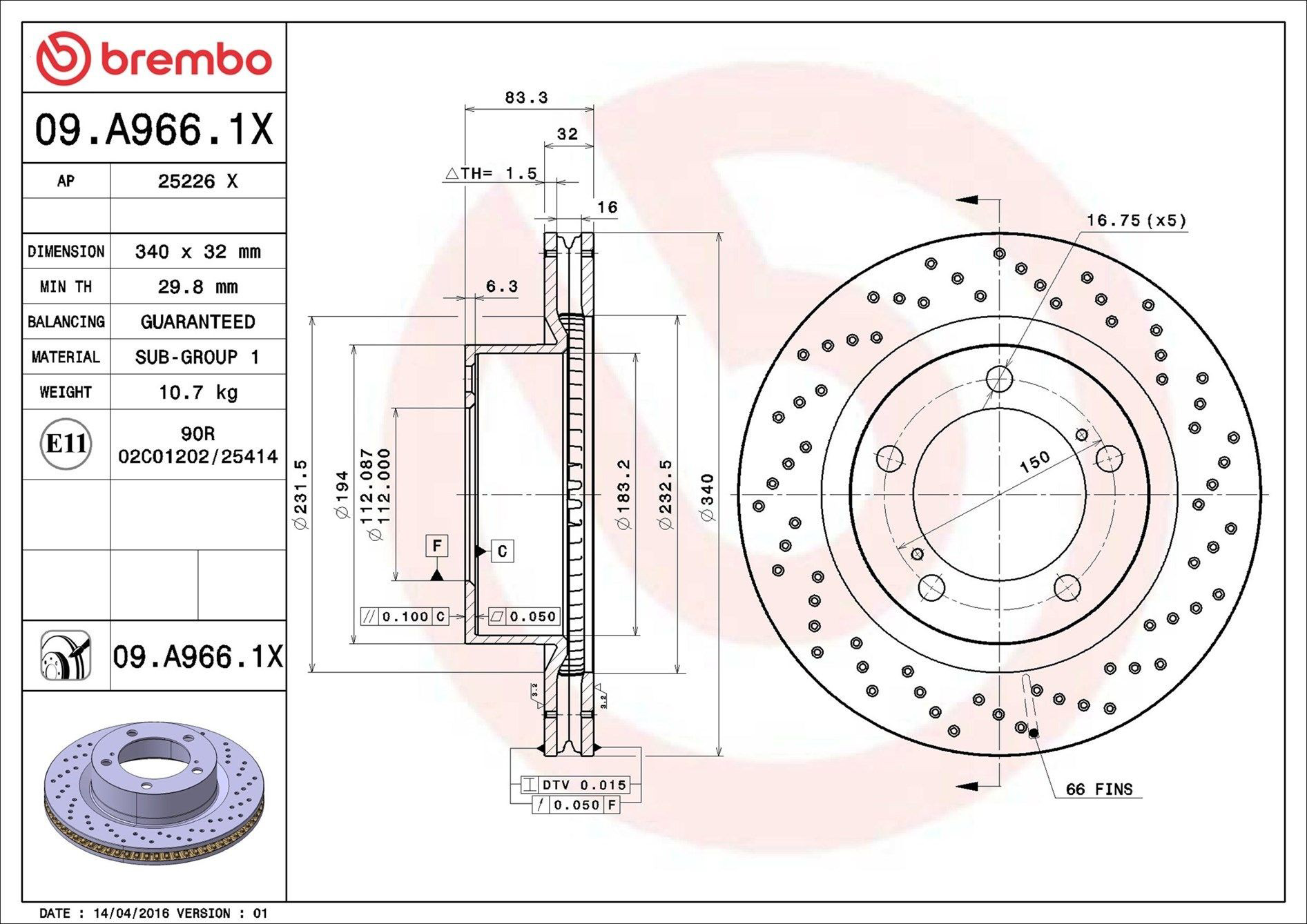 Disco do freio dianteiro Brembo 09A9661X preço, a partir de 123,63 USD